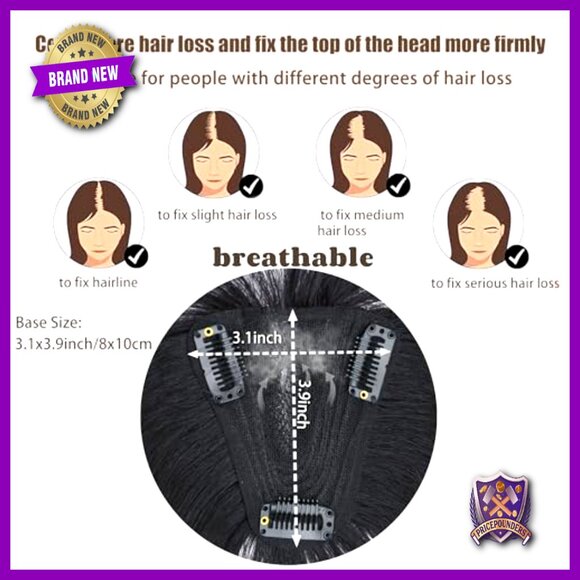 10-Inch Human Hair Clip-In Topper with Bangs for Volume and Coverage